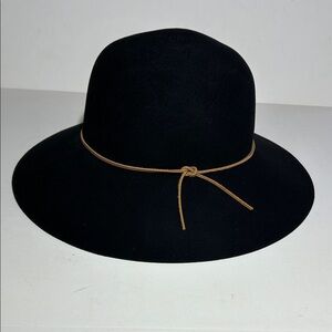 Phenix Black Wide-Brim 100% Wool Felt Hat Fedora with Tan 100% Leather Trim/Tie